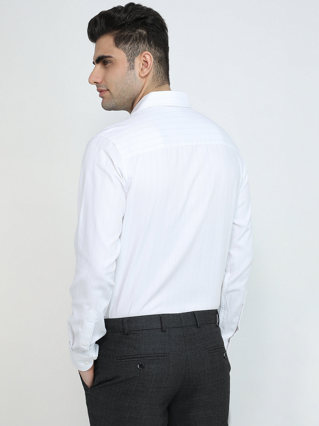 Raymond Men Grey Stripe Contemporary Fit Cotton Blend Full Sleeve Formal Shirt