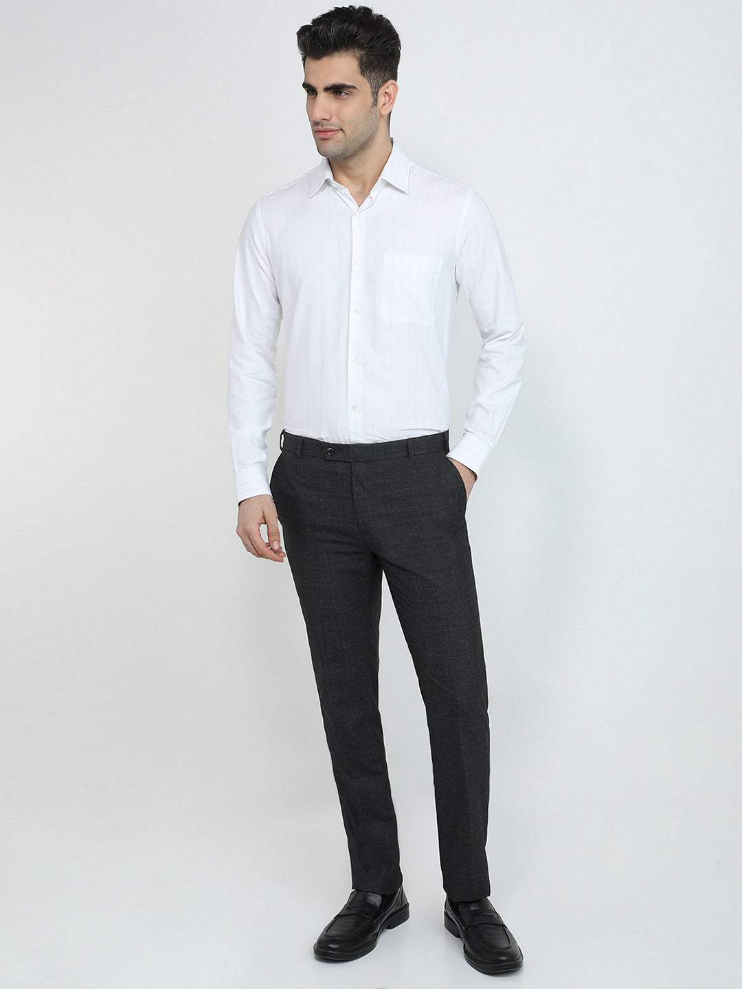 Raymond Men Grey Stripe Contemporary Fit Cotton Blend Full Sleeve Formal Shirt