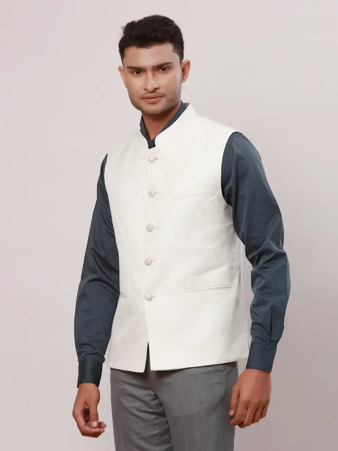 Raymond Men Brown Jacquard Contemporary Fit Polyester Blend Waist Coat