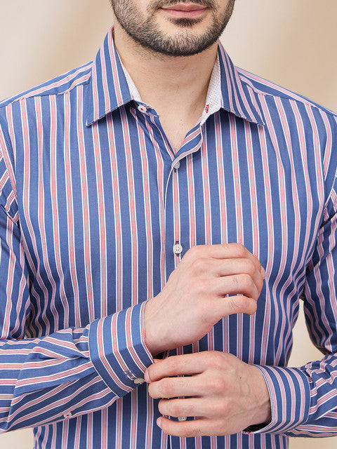 Raymond Men Blue Stripe Slim Fit Cotton Formal Shirts