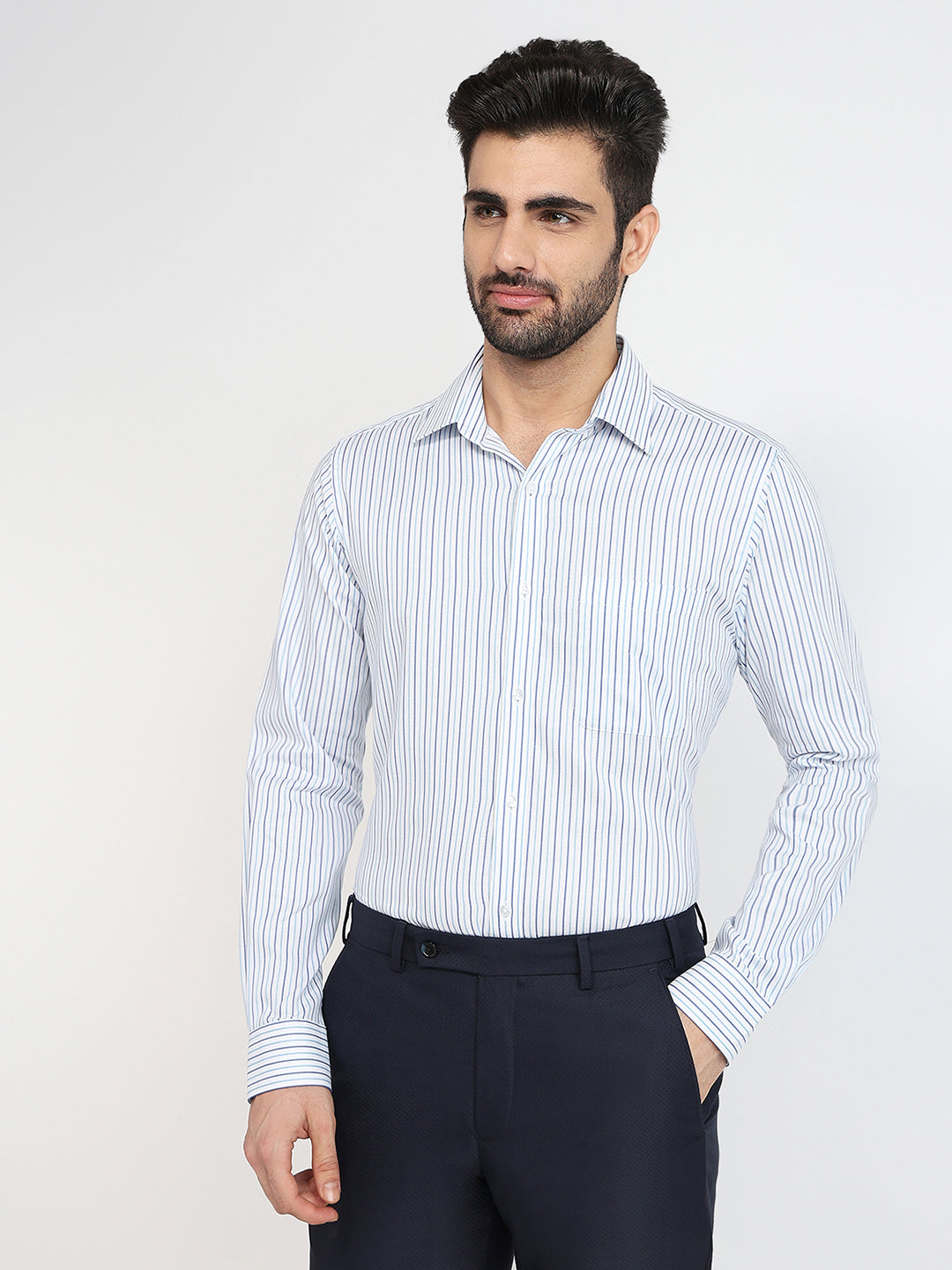 Raymond Men Blue Stripe Slim Fit Cotton Formal Shirt