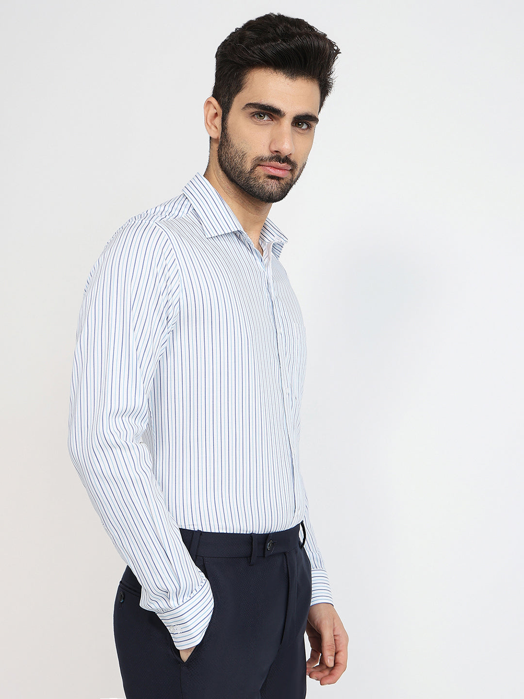 Raymond Men Blue Stripe Slim Fit Cotton Formal Shirt