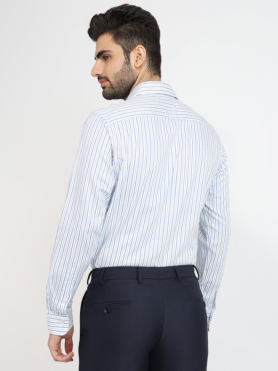 Raymond Men Blue Stripe Slim Fit Cotton Formal Shirt