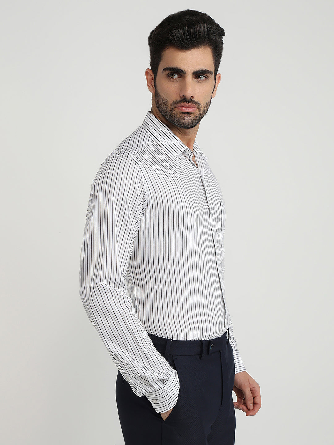 Raymond Men Grey Stripe Slim Fit Cotton Formal Shirt