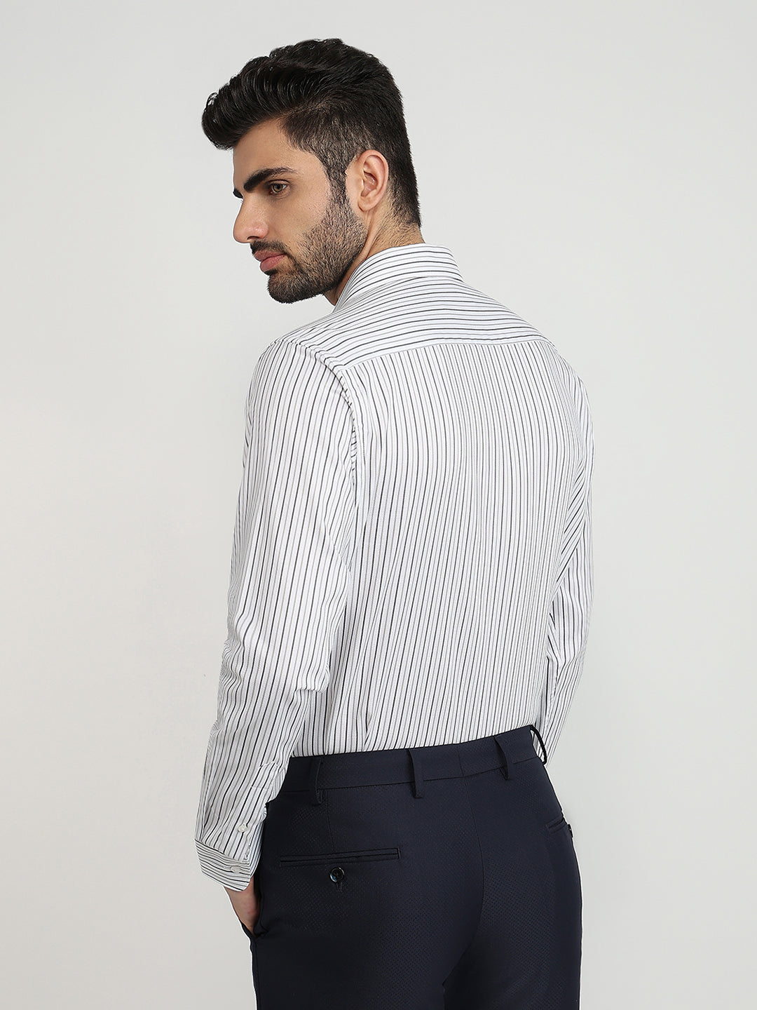 Raymond Men Grey Stripe Slim Fit Cotton Formal Shirt