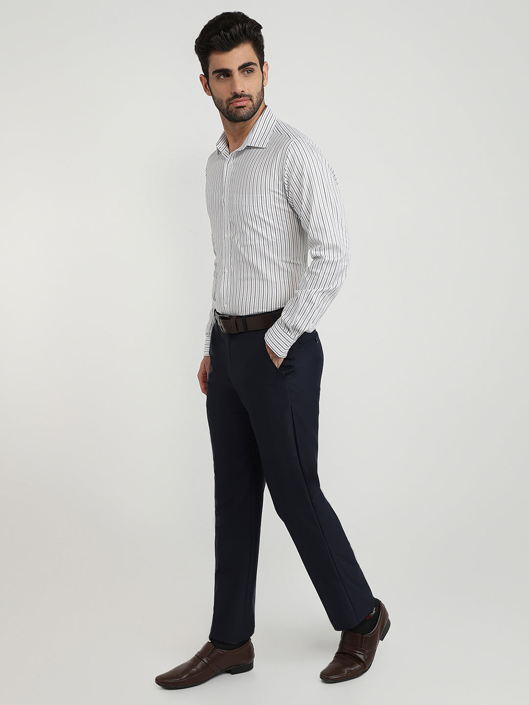 Raymond Men Grey Stripe Slim Fit Cotton Formal Shirt