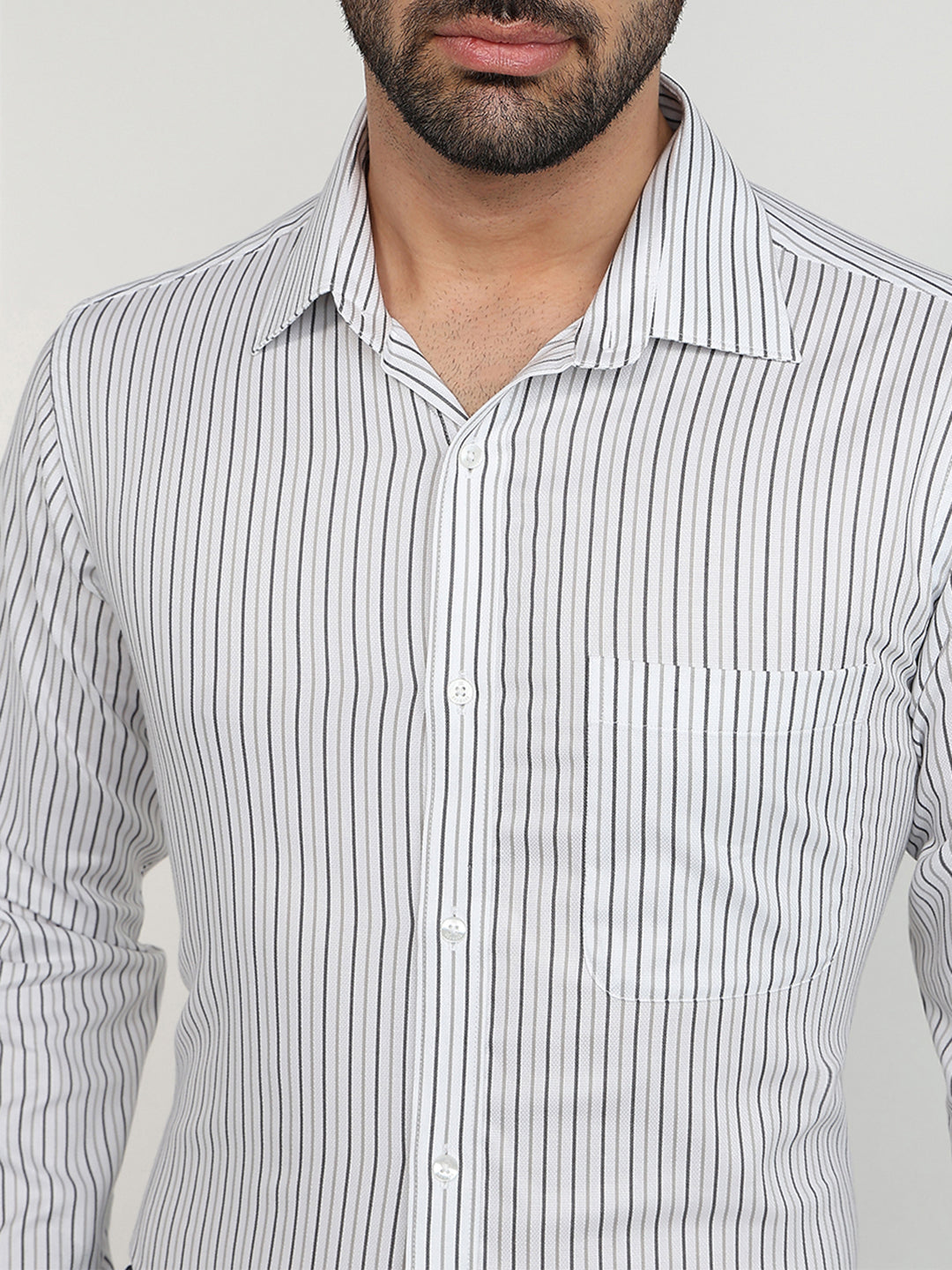 Raymond Men Grey Stripe Slim Fit Cotton Formal Shirt