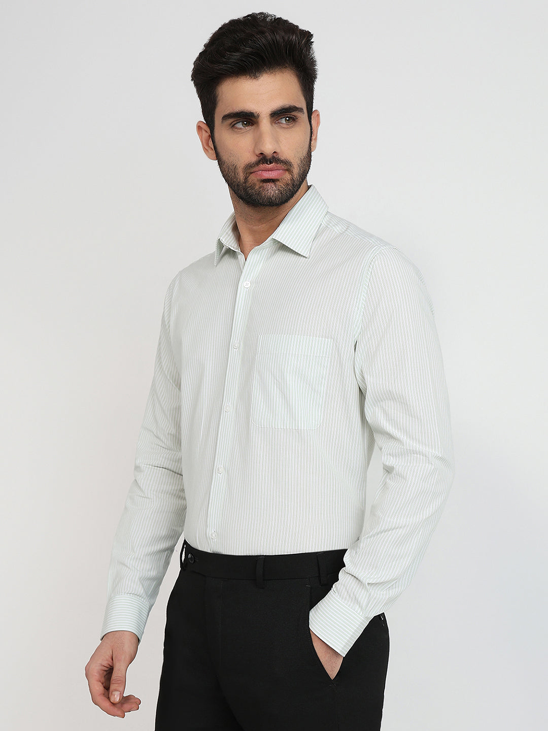 Raymond Men Green Stripe Slim Fit Cotton Formal Shirt