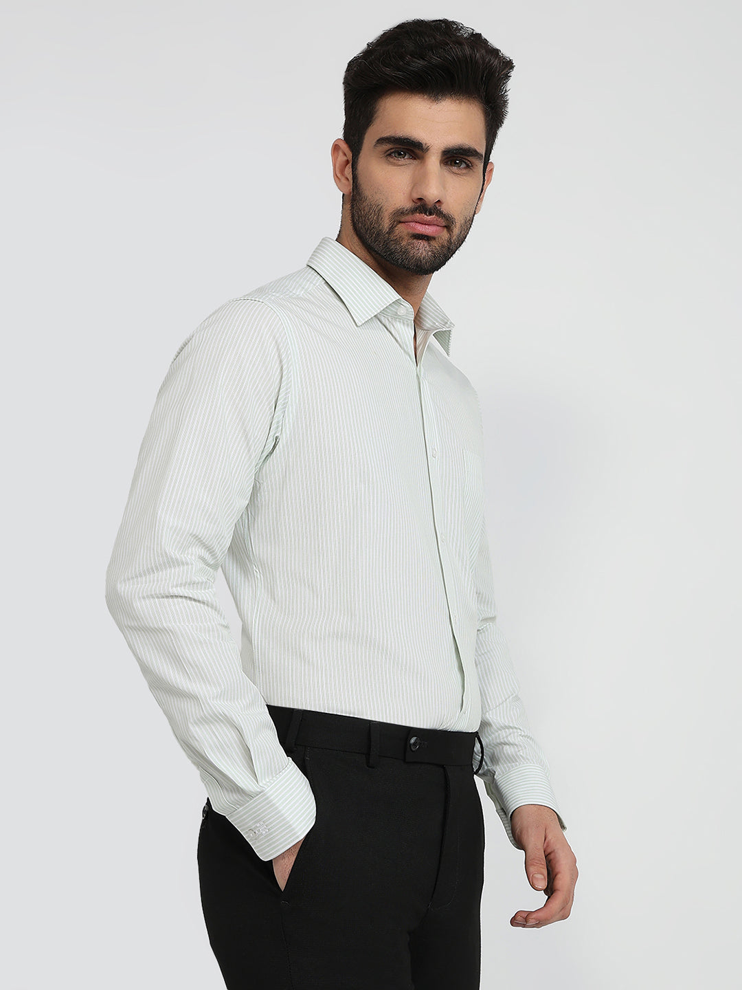 Raymond Men Green Stripe Slim Fit Cotton Formal Shirt
