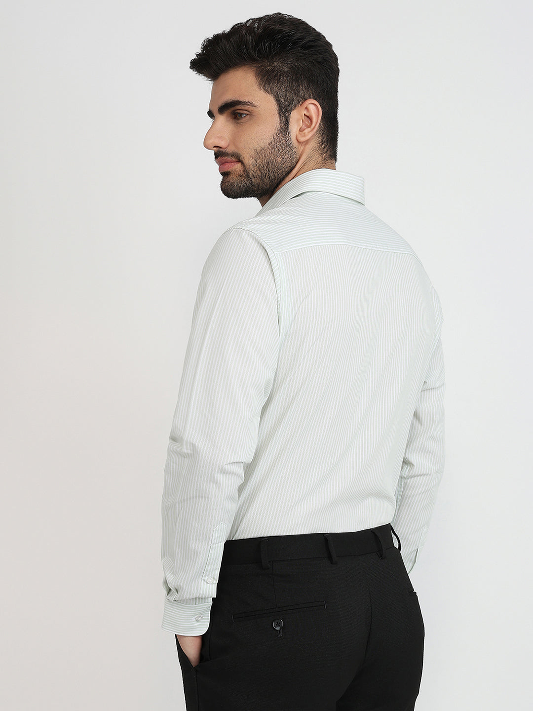 Raymond Men Green Stripe Slim Fit Cotton Formal Shirt