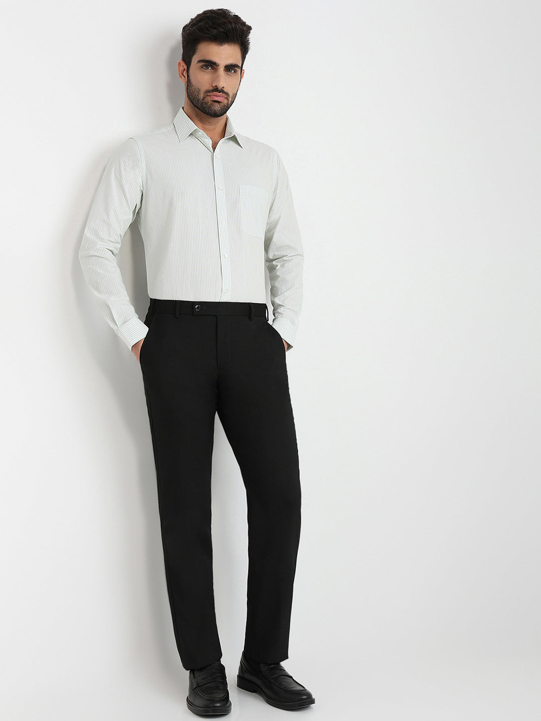 Raymond Men Green Stripe Slim Fit Cotton Formal Shirt