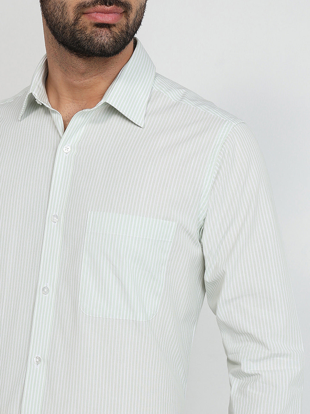 Raymond Men Green Stripe Slim Fit Cotton Formal Shirt
