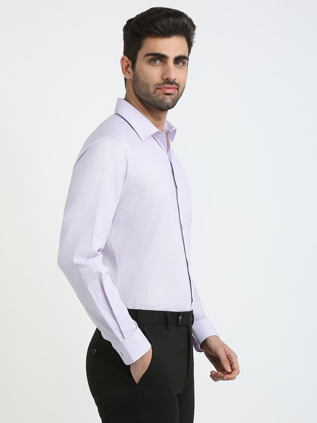Raymond Men Purple Plain Checks Slim Fit Cotton Formal Shirt