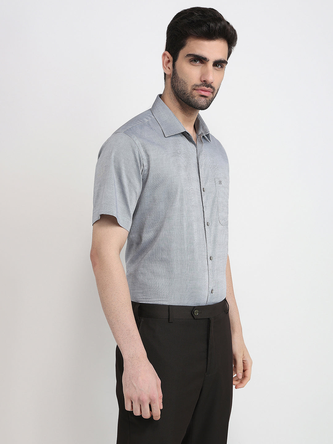 Raymond Men Grey Solid Chambray Regular Fit Cotton Half Sleeve Formal Shirt