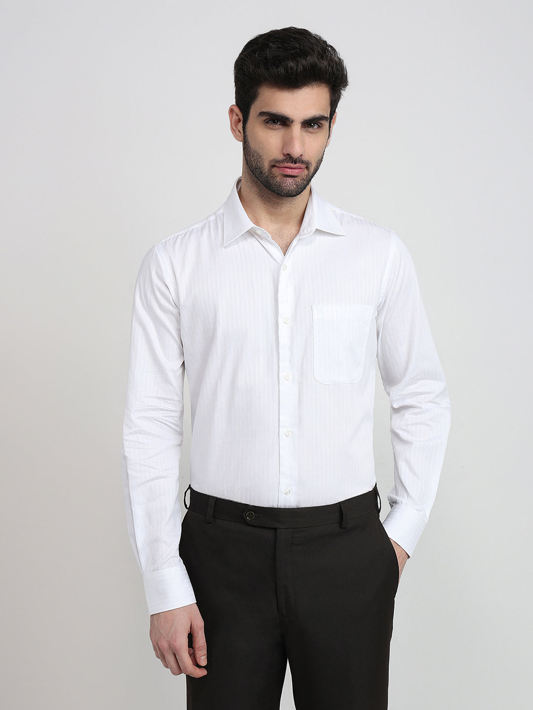 Raymond Men White Stripe Regular Fit Cotton Full Sleeve Formal Shirt