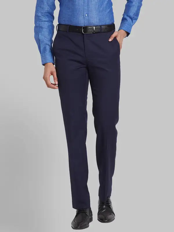 Men Blue Contemporary Fit Solid Polyester Blend Trouser