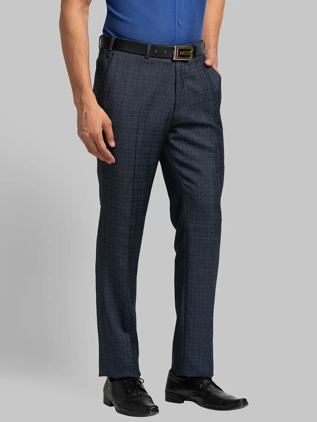 Men Blue Slim Fit Checks Terry Rayon Blend Trouser