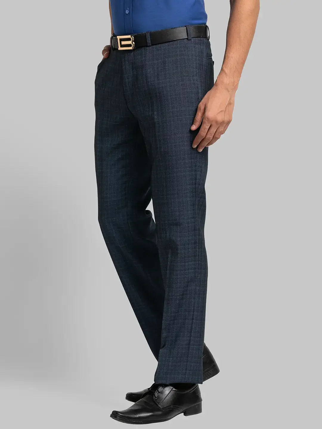 Men Blue Slim Fit Checks Terry Rayon Blend Trouser