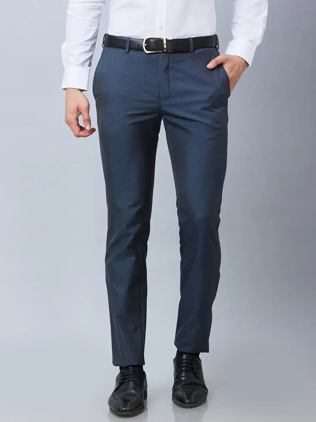 Raymond Men Blue Solid Slim Fit Polyester Blend Trousers