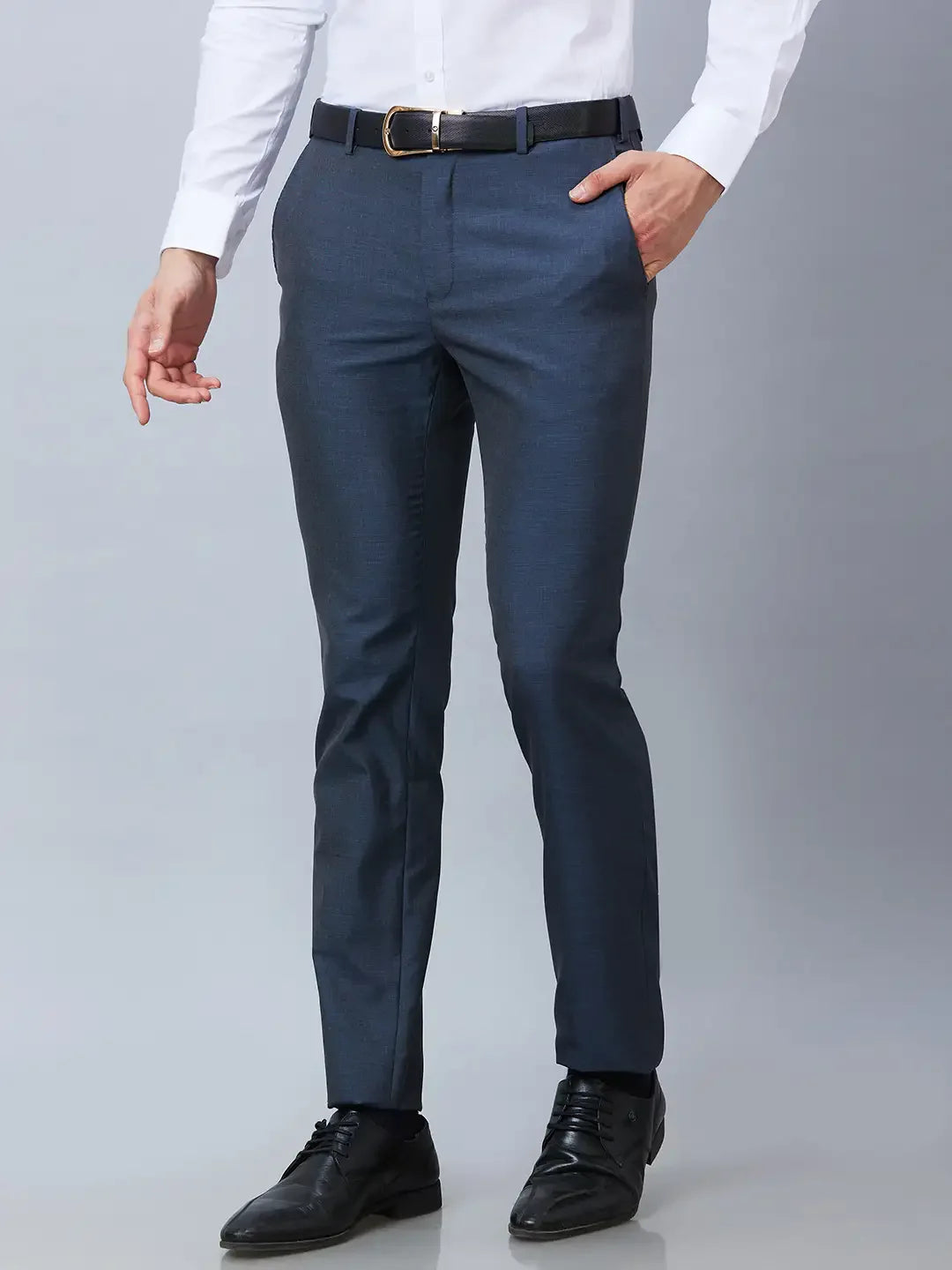 Raymond Men Blue Solid Slim Fit Polyester Blend Trousers