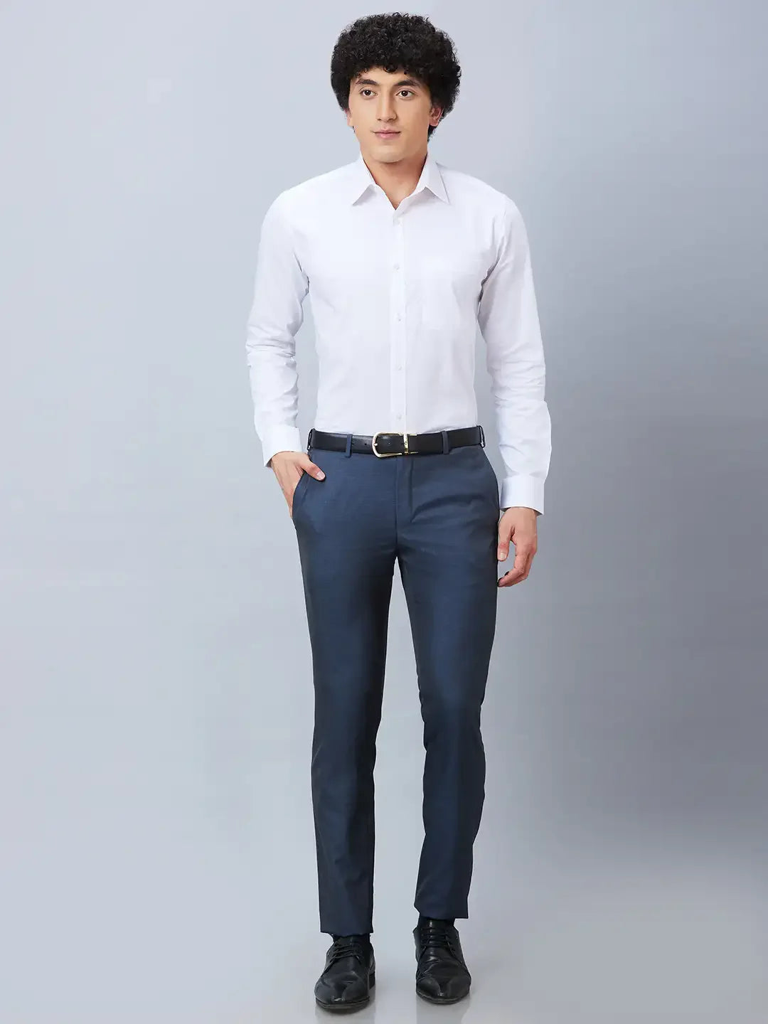 Raymond Men Blue Solid Slim Fit Polyester Blend Trousers