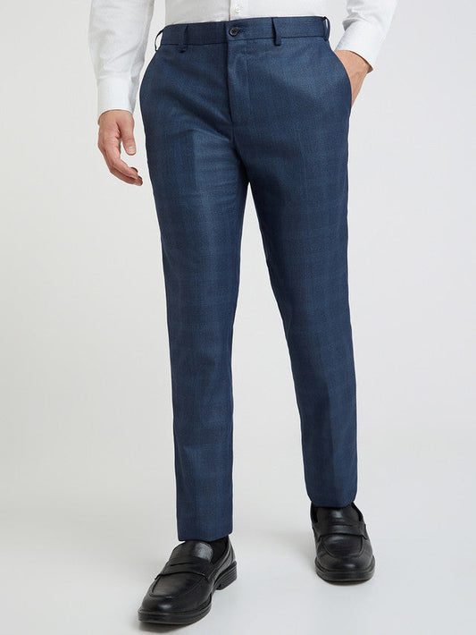 Raymond Blue Checks Slim Fit Polyester Blend Trouser