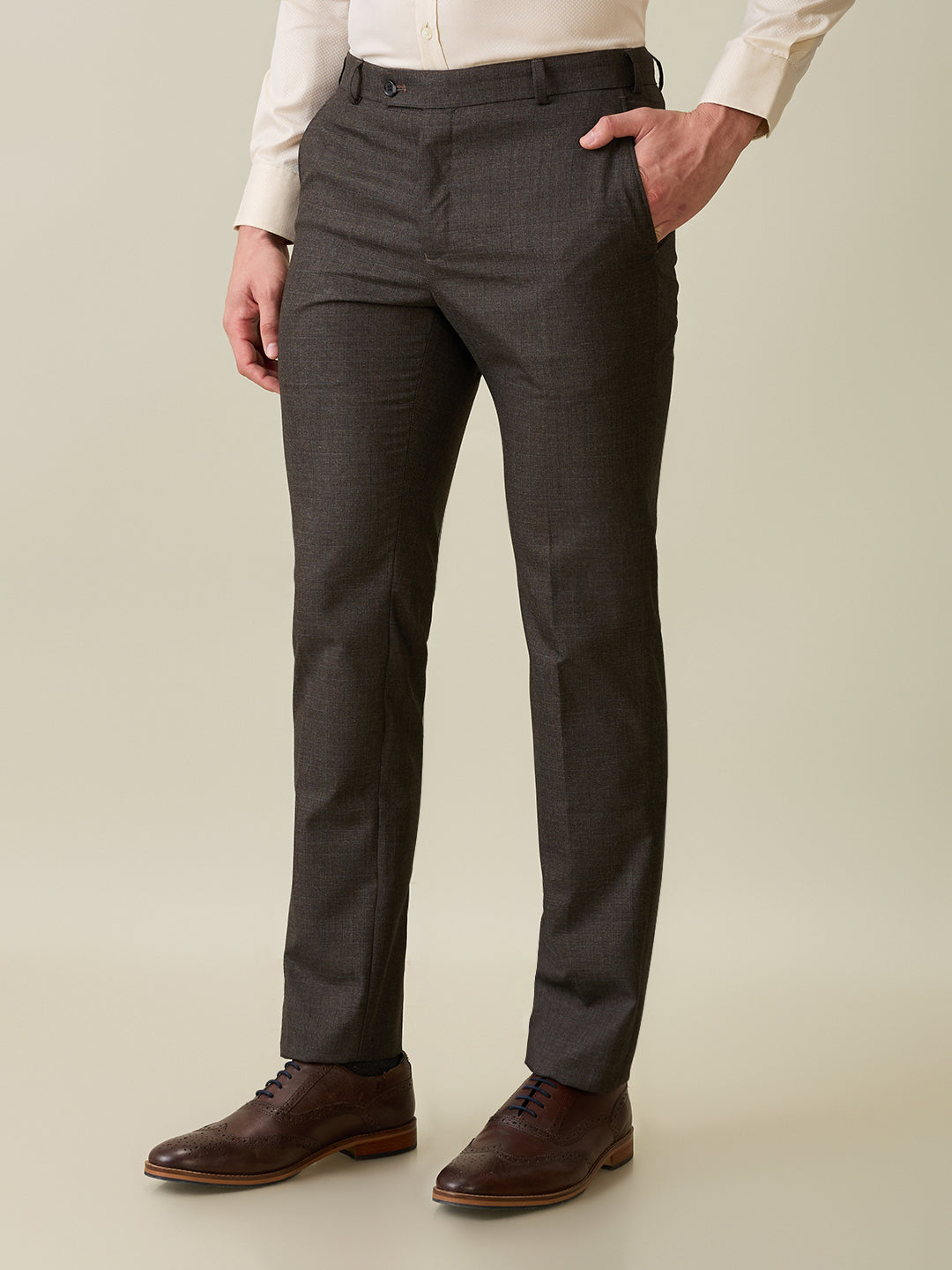 Raymond Men Brown Checks Slim Fit Polyester Blend Trouser