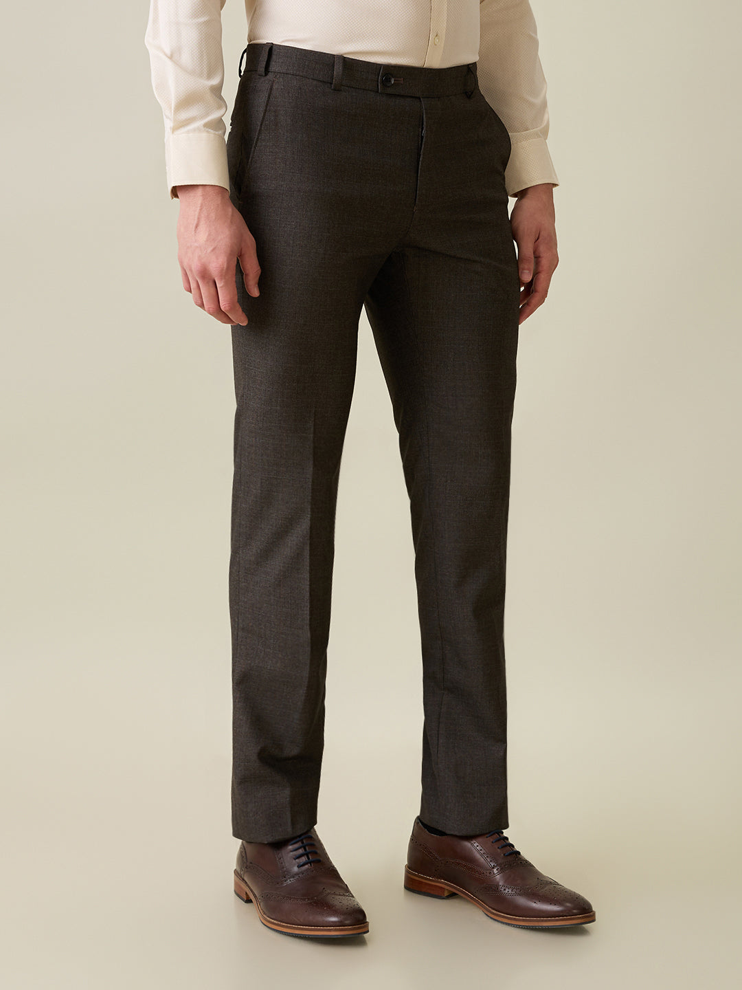 Raymond Men Brown Checks Slim Fit Polyester Blend Trouser