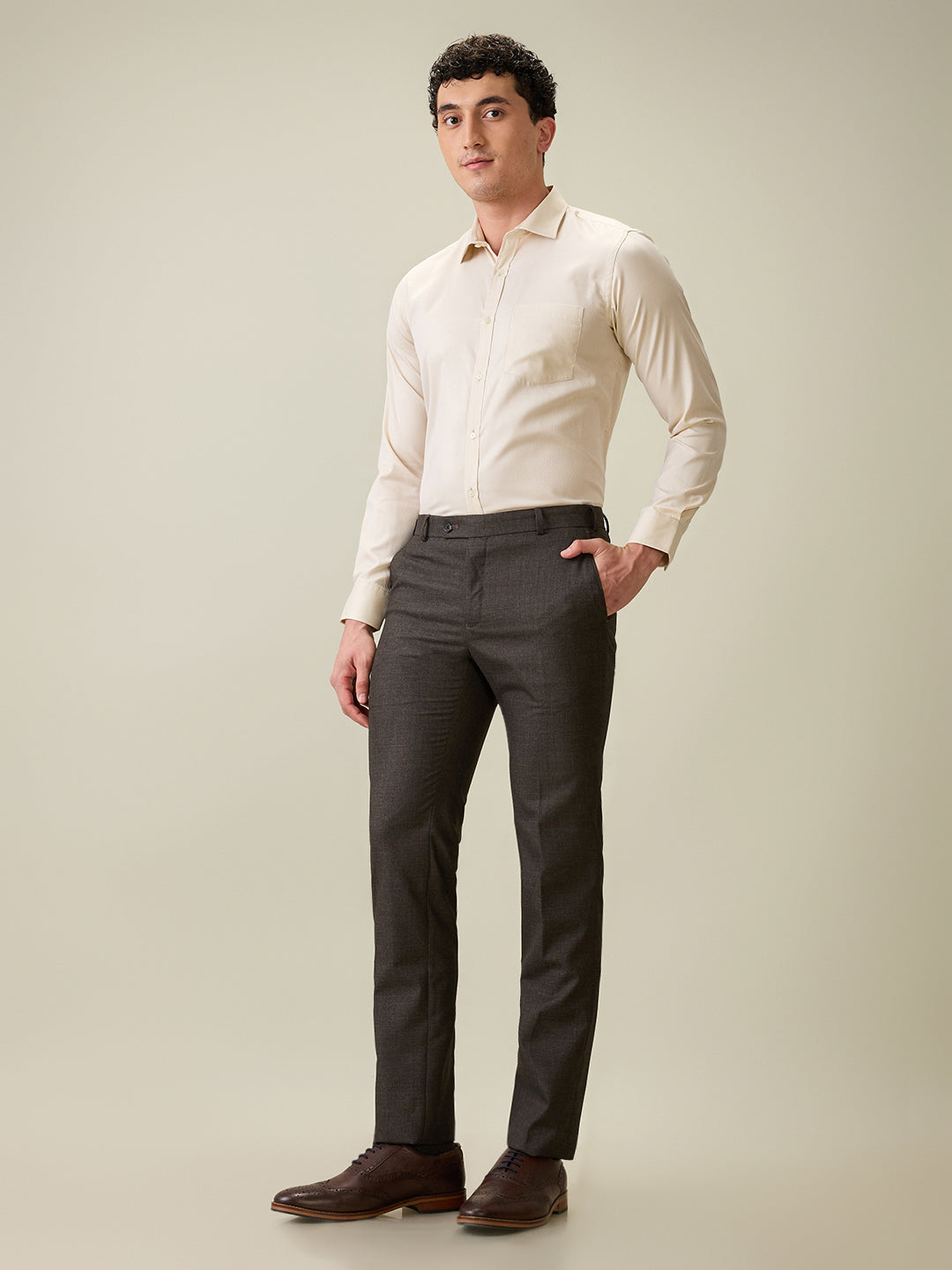 Raymond Men Brown Checks Slim Fit Polyester Blend Trouser