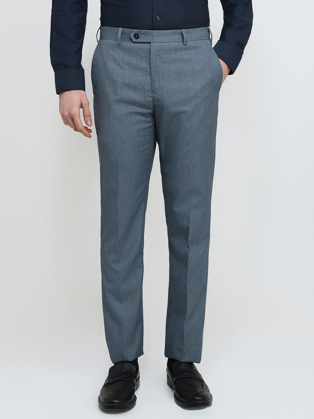 Raymond Men Blue Solid Contemporary Fit Polyester Blend Trouser