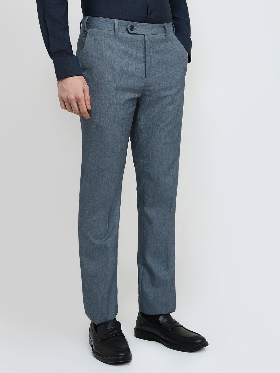 Raymond Men Blue Solid Contemporary Fit Polyester Blend Trouser