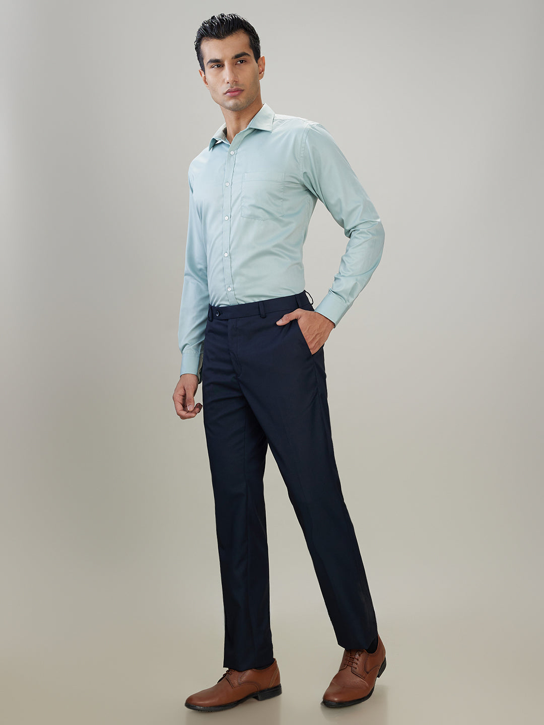 Raymond Men Blue Solid Contemporary Fit Polyester Blend Trouser