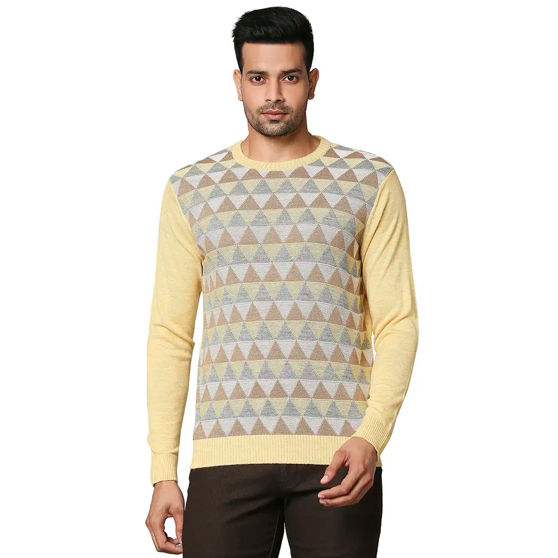 Men Yellow Argyle Wool Blend Full Sleeve V Neck Collar Sweaters