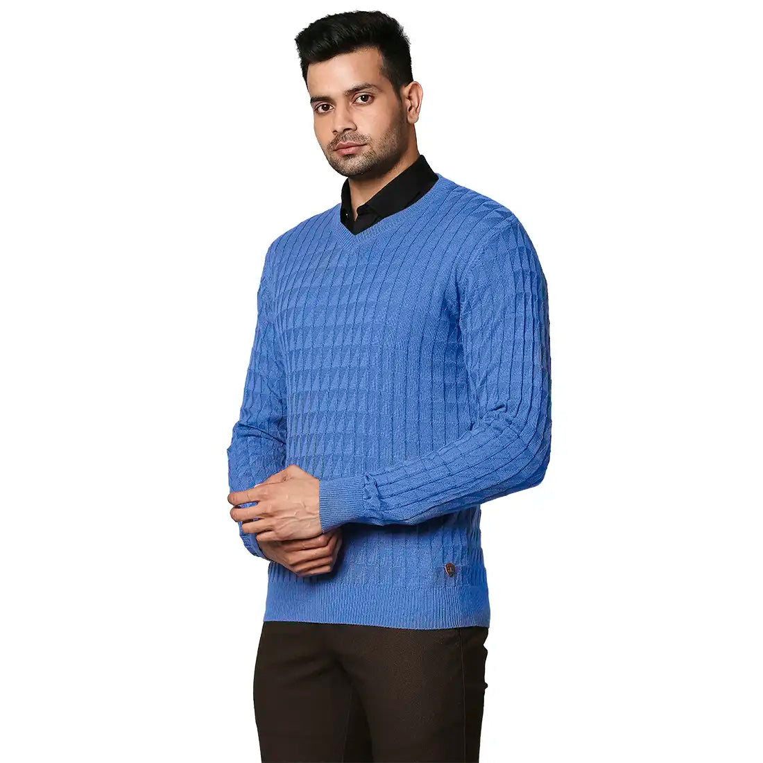 Men Blue Wrapper Wool Blend Full Sleeve V Neck Collar Sweaters