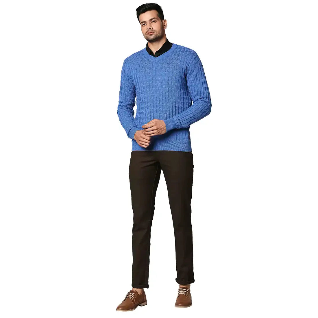 Men Blue Wrapper Wool Blend Full Sleeve V Neck Collar Sweaters