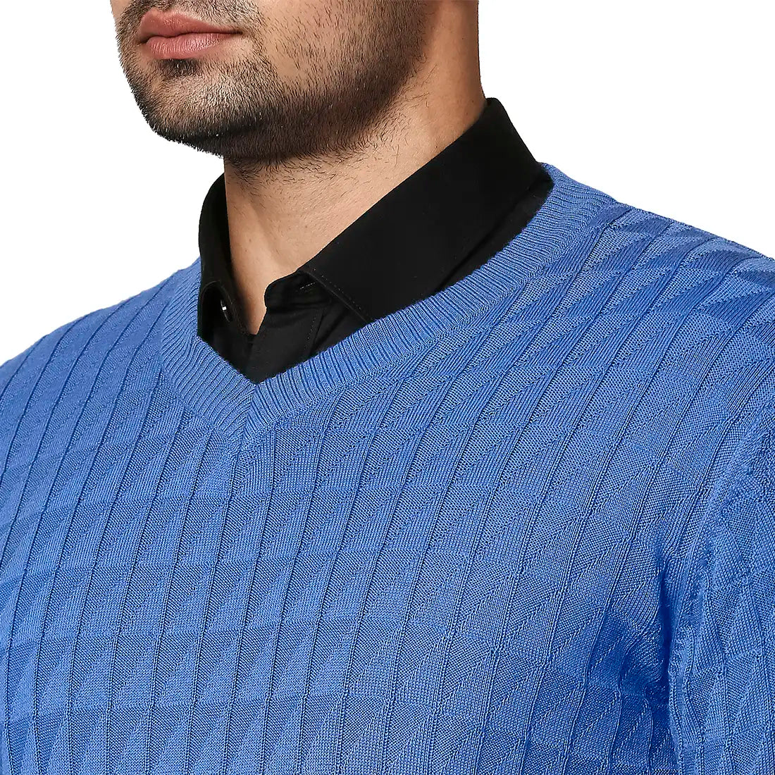 Men Blue Wrapper Wool Blend Full Sleeve V Neck Collar Sweaters