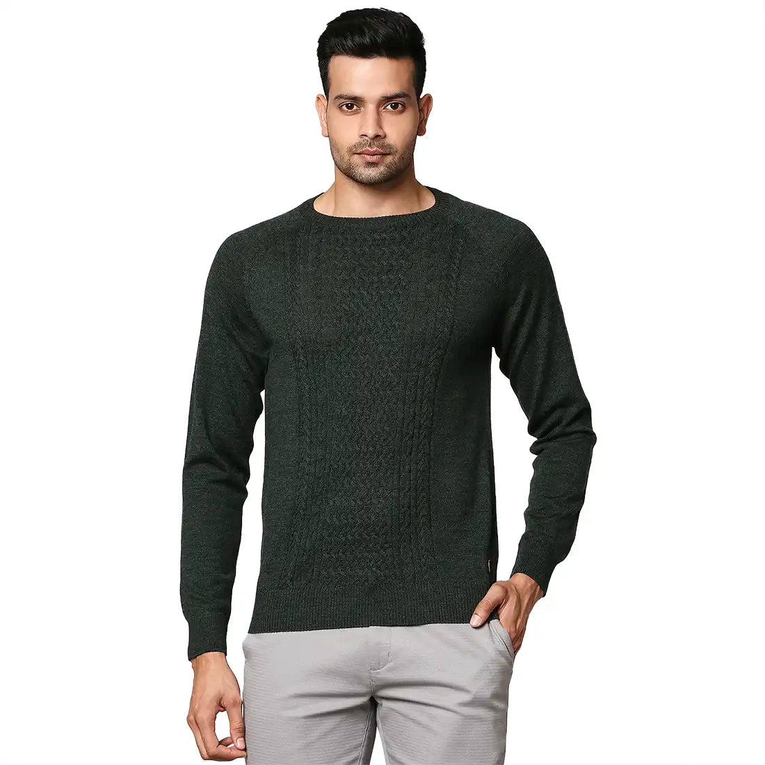 Men Green Structure Cable Wool Blend Round Collar Sweaters