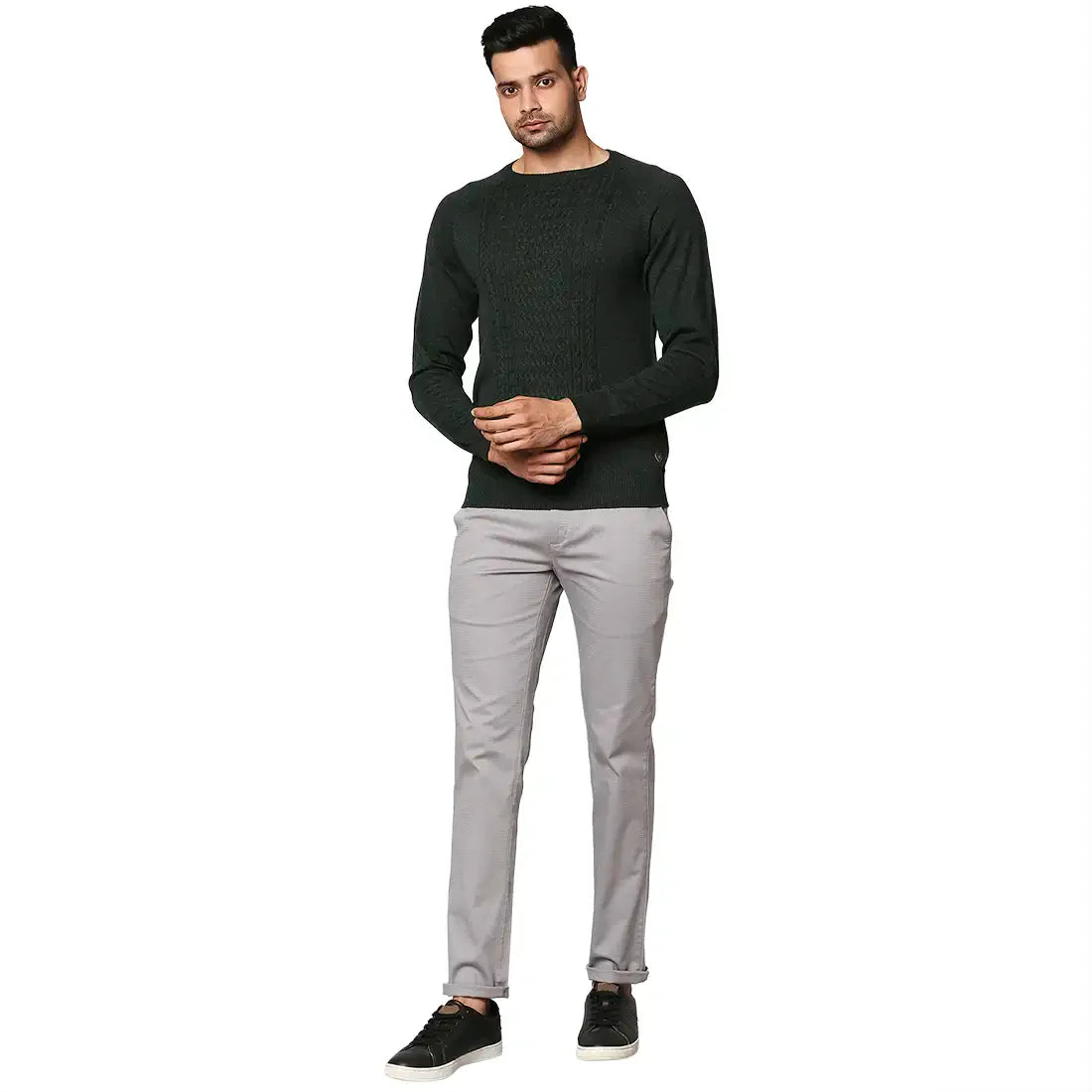 Men Green Structure Cable Wool Blend Round Collar Sweaters