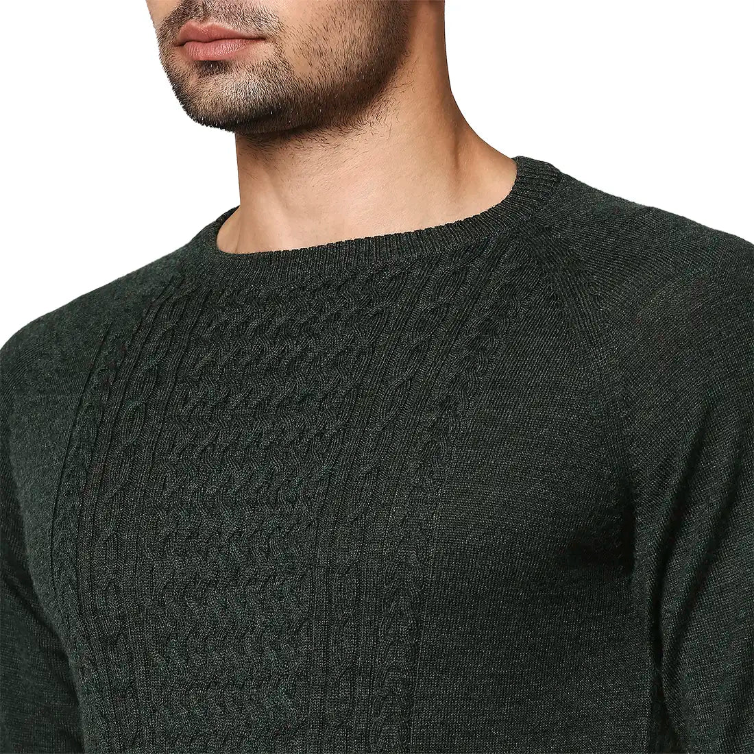 Men Green Structure Cable Wool Blend Round Collar Sweaters
