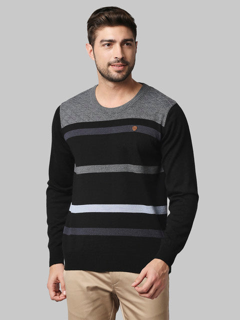 Raymond Men Black Stripe Regular Fit Acrlic Blend Sweater