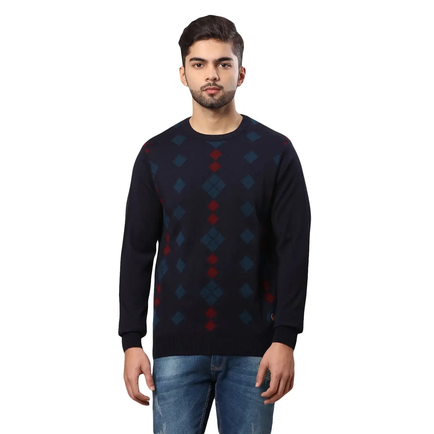 Men Blue Argyle Acrylic Wool Blend Round Collar Sweaters
