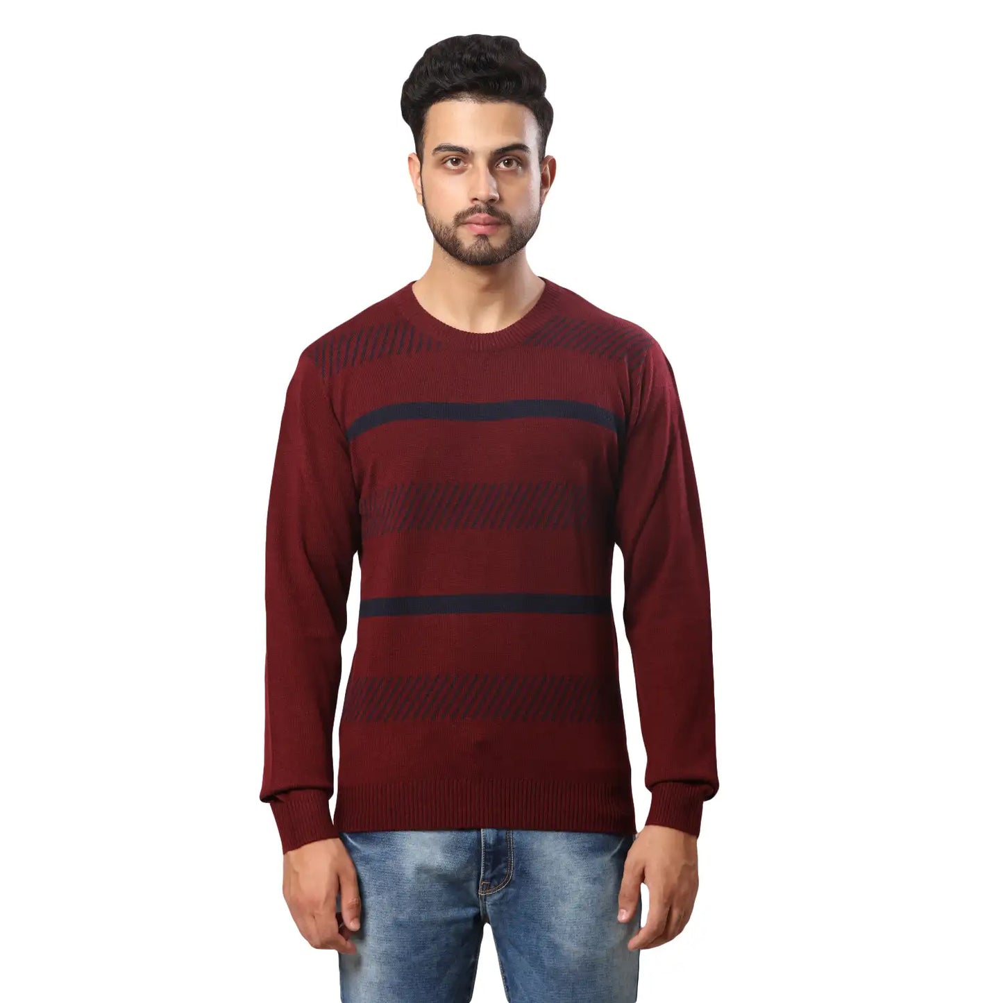 Men Maroon Stripe Acrylic Wool Blend Round Collar Sweaters