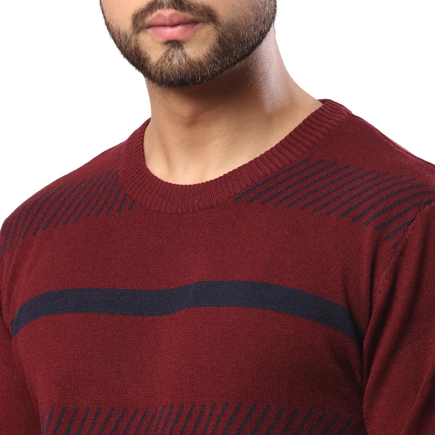 Men Maroon Stripe Acrylic Wool Blend Round Collar Sweaters