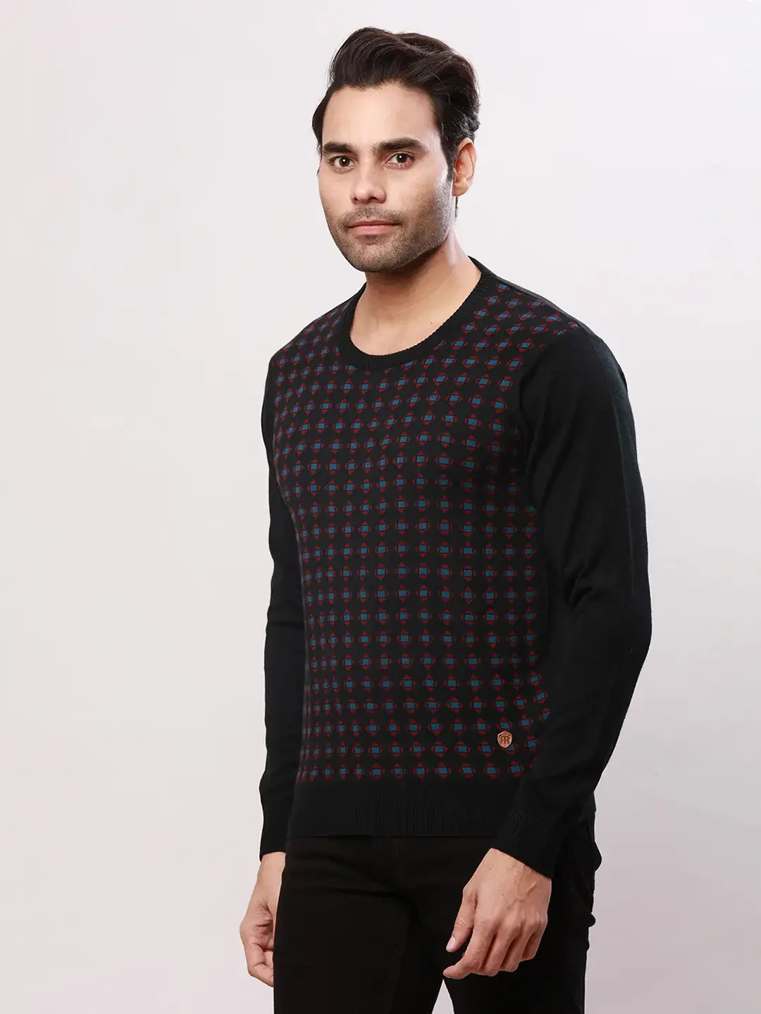Raymond Men Black Jacquard Acrlic Blend Round Neck Sweaters