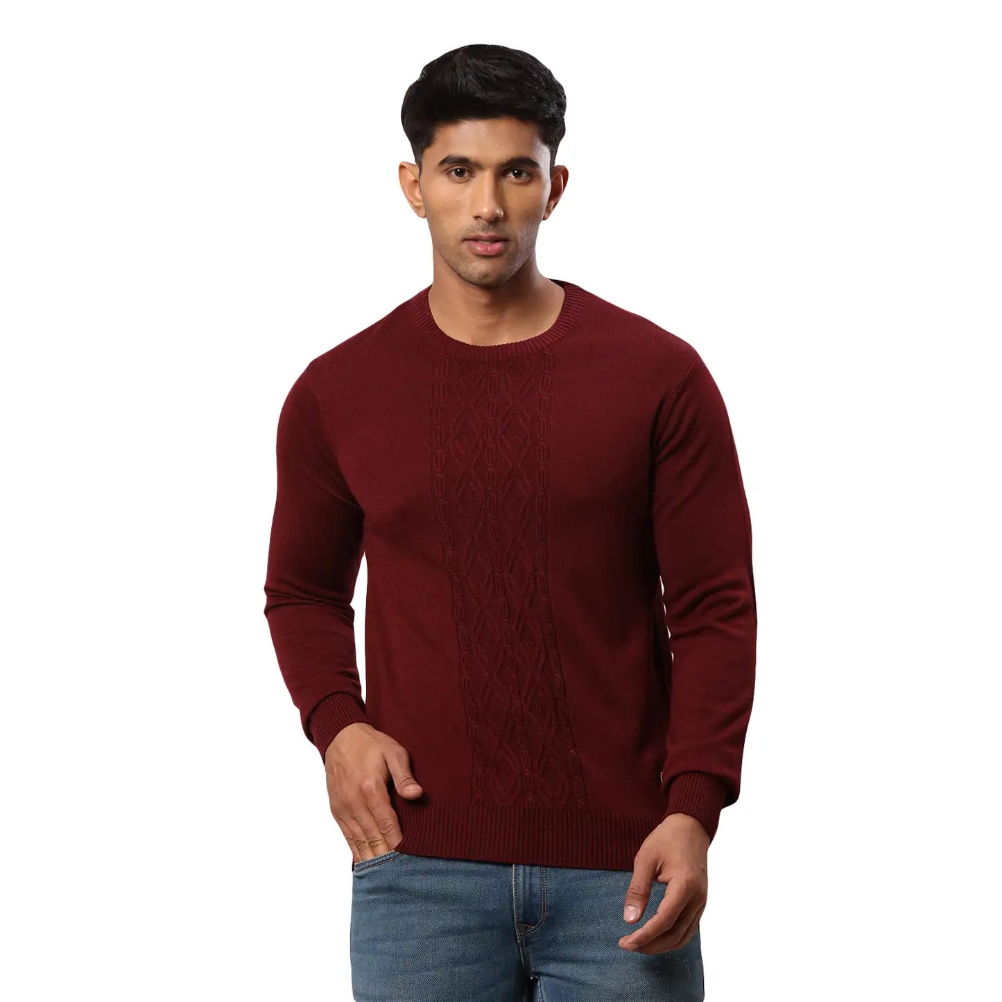 Men Maroon Structure Cable Acrylic Wool Blend Round Collar Sweaters