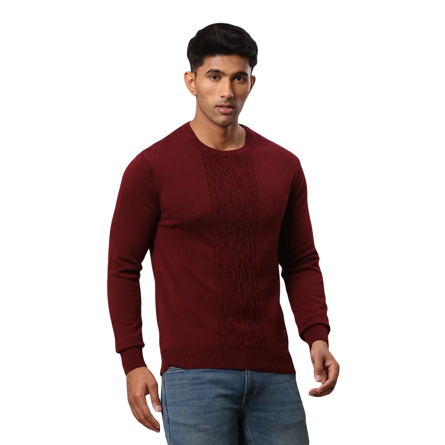 Men Maroon Structure Cable Acrylic Wool Blend Round Collar Sweaters