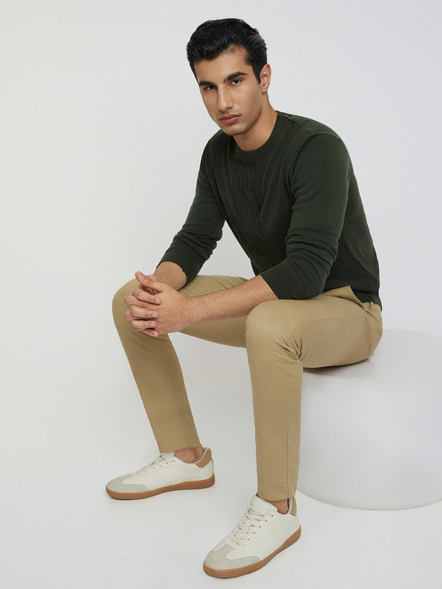 Men Green Structure Cable Acrylic Wool Blend Round Collar Sweaters