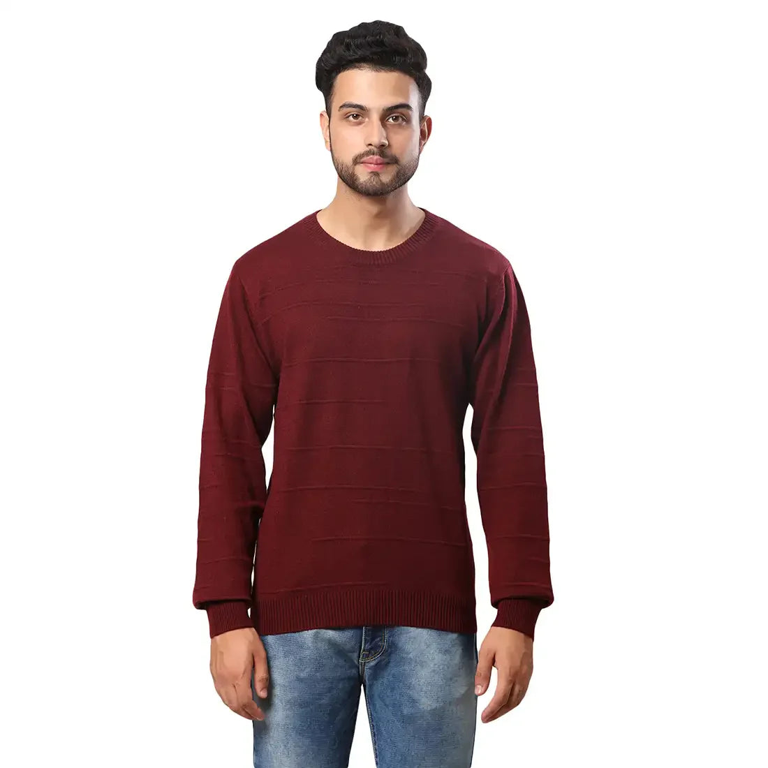 Raymond Men Maroon Structure Cable Acrylic Blend Full Sleeve Sweaters