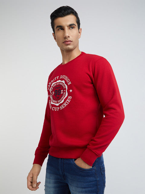 Men Red Regular Fit Embroidery Graphic Cotton Polyester Blend Sweatshirts