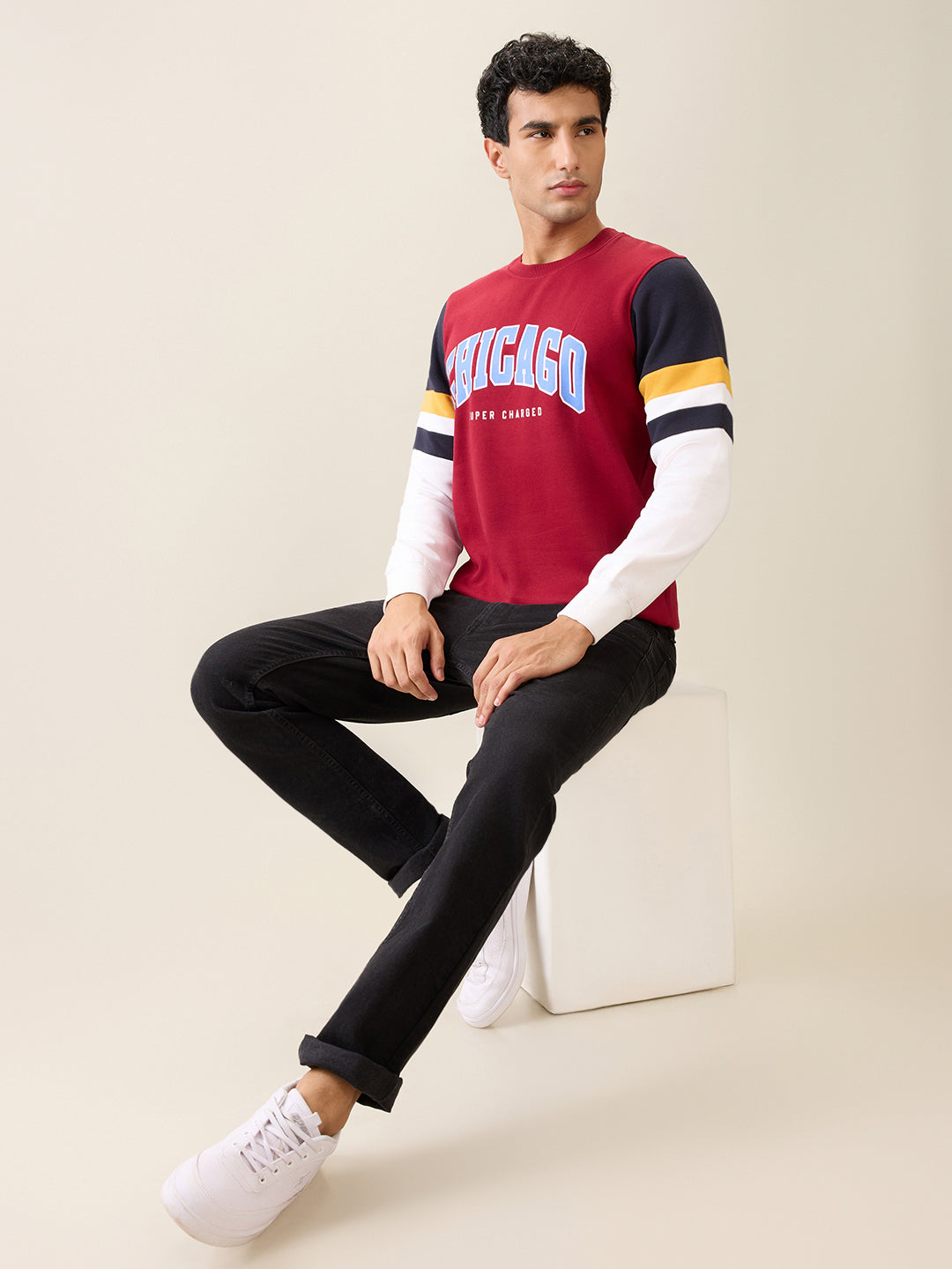 Parx Men White Printed Regular Fit Cotton Blend Full Sleeve Round Neck Collar Sweatshirt